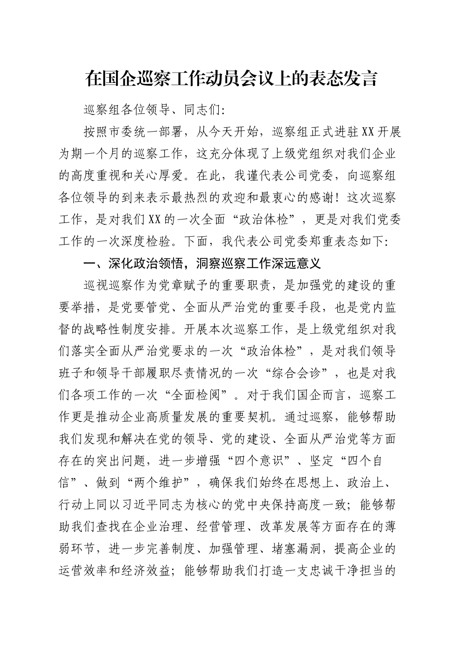 在国企巡察工作动员会议上的表态发言_第1页