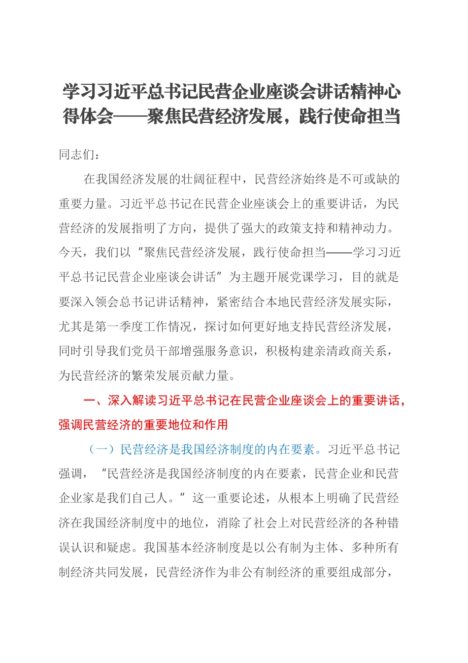 学习总书记民营企业座谈会讲话精神心得体会 ——聚焦民营经济发展，践行使命担当_第1页