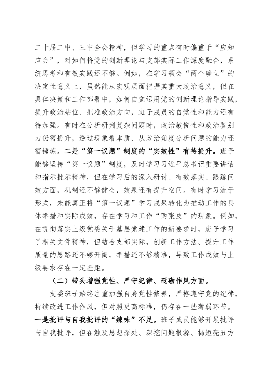 党支部委员会班子2024年度组织生活会对照检查材料（四个带头，纪律规矩团结统一、党性纪律作风、清正廉洁、从严治党，检视剖析，发言提纲）20250312_第2页