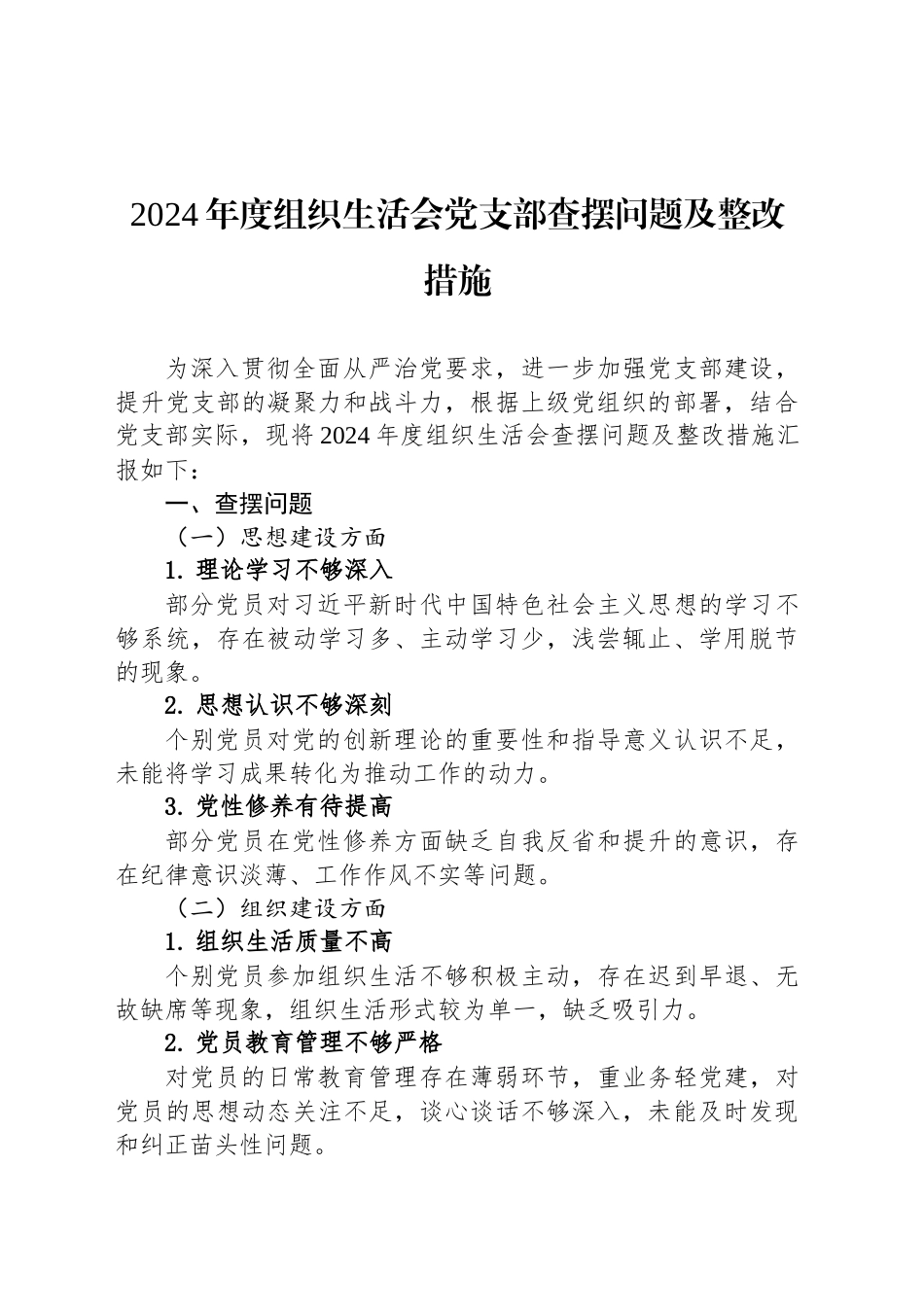 2024年度组织生活会党支部查摆问题及整改措施_第1页