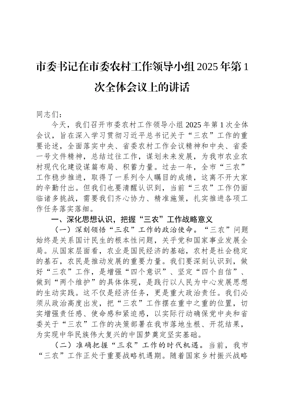 市委书记在市委农村工作领导小组2025年第1次全体会议上的讲话_第1页
