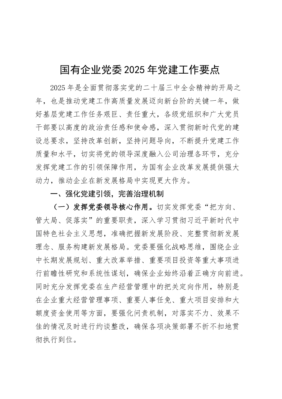 国有企业党委2025年党建工作要点计划公司20250319_第1页