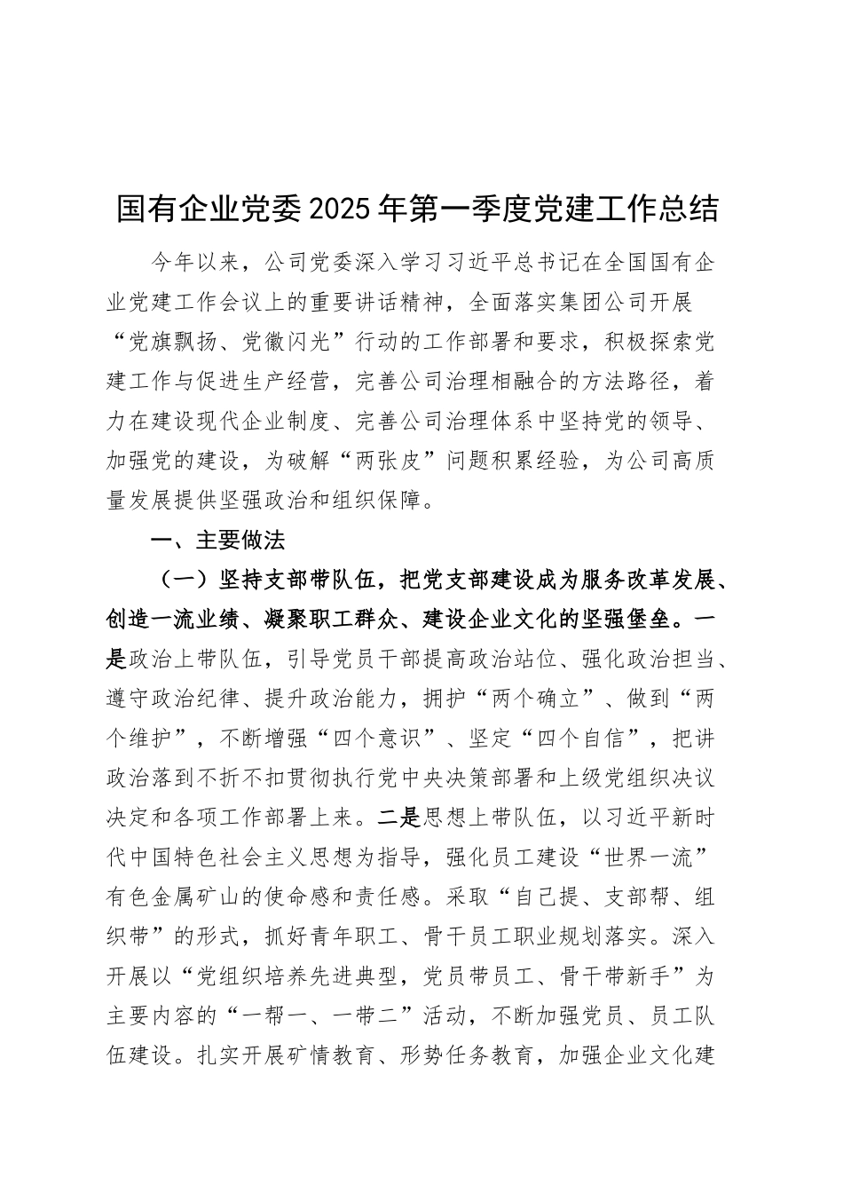 国有企业党委2025年第一季度党建工作总结公司汇报报告20250319_第1页