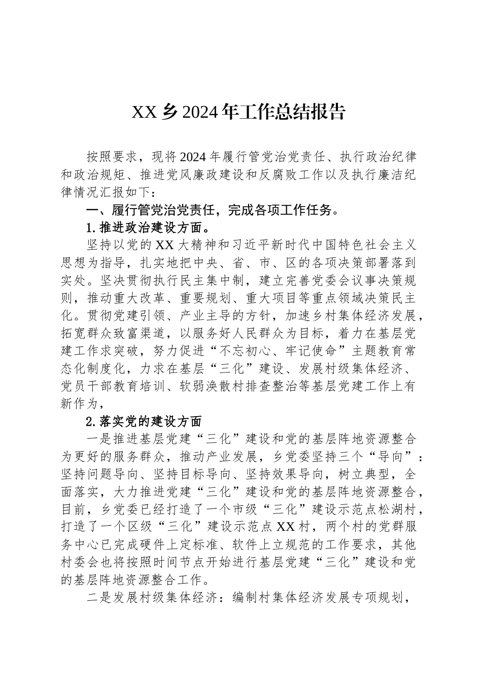 XX乡2024年工作总结报告_第1页