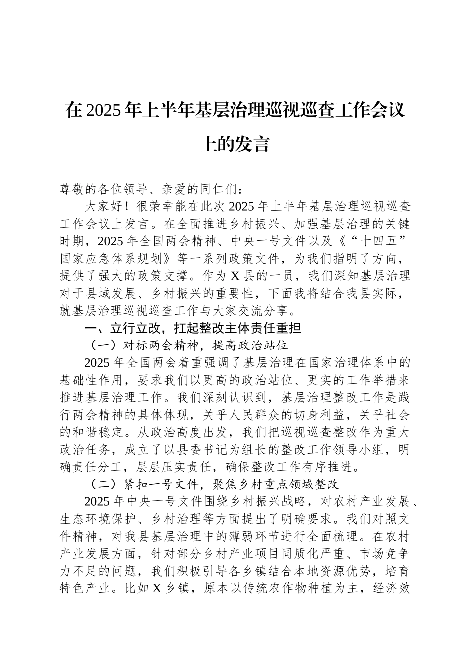 在2025年上半年基层治理巡视巡查工作会议上的发言_第1页