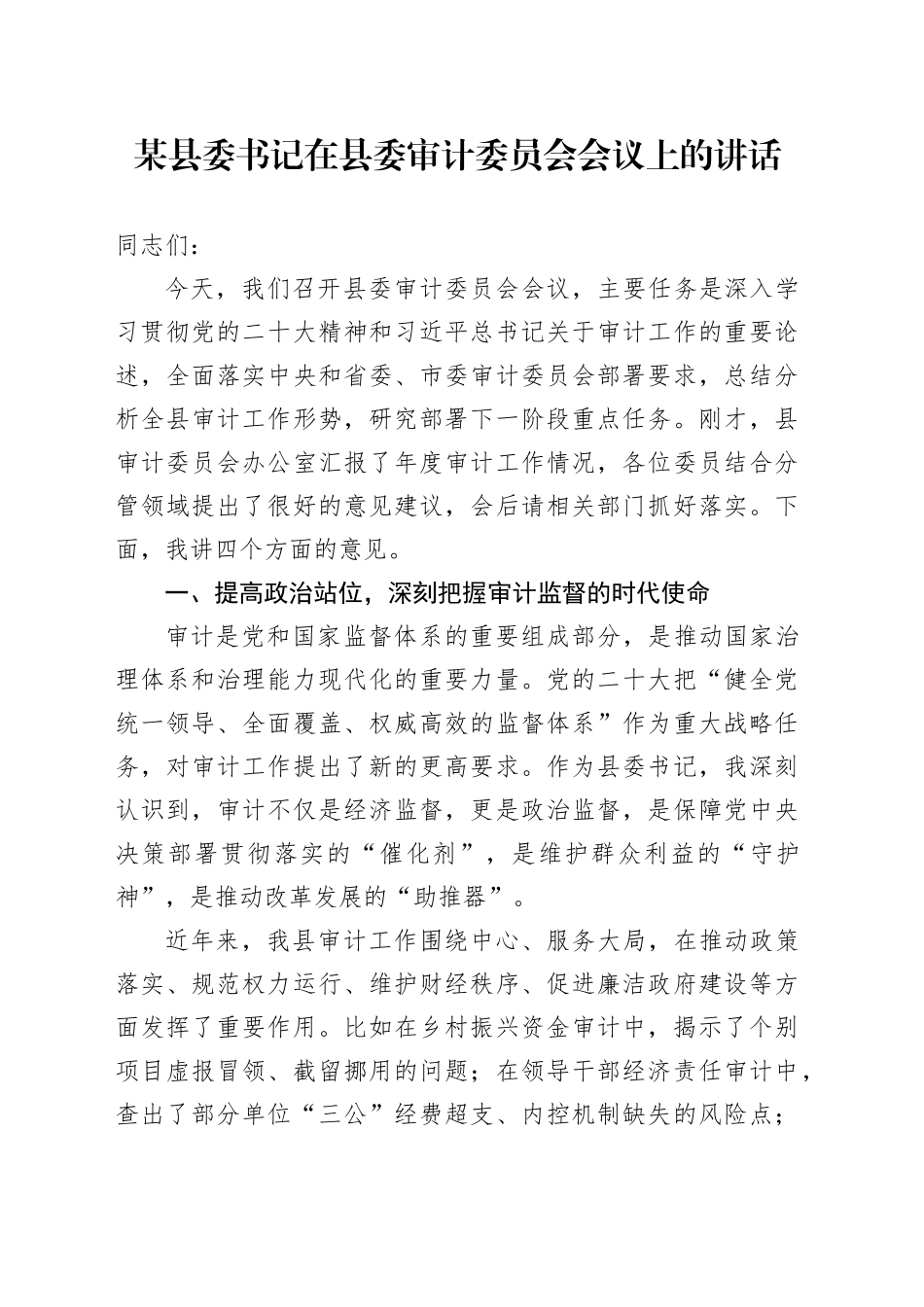 某县委书记在县委审计委员会会议上的讲话_第1页
