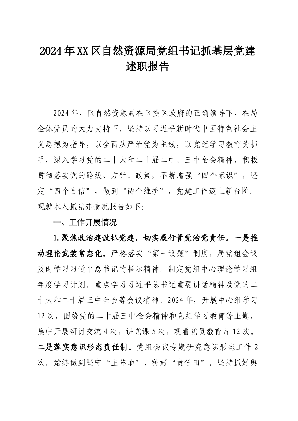2024年XX区自然资源局党组书记抓基层党建述职报告_第1页