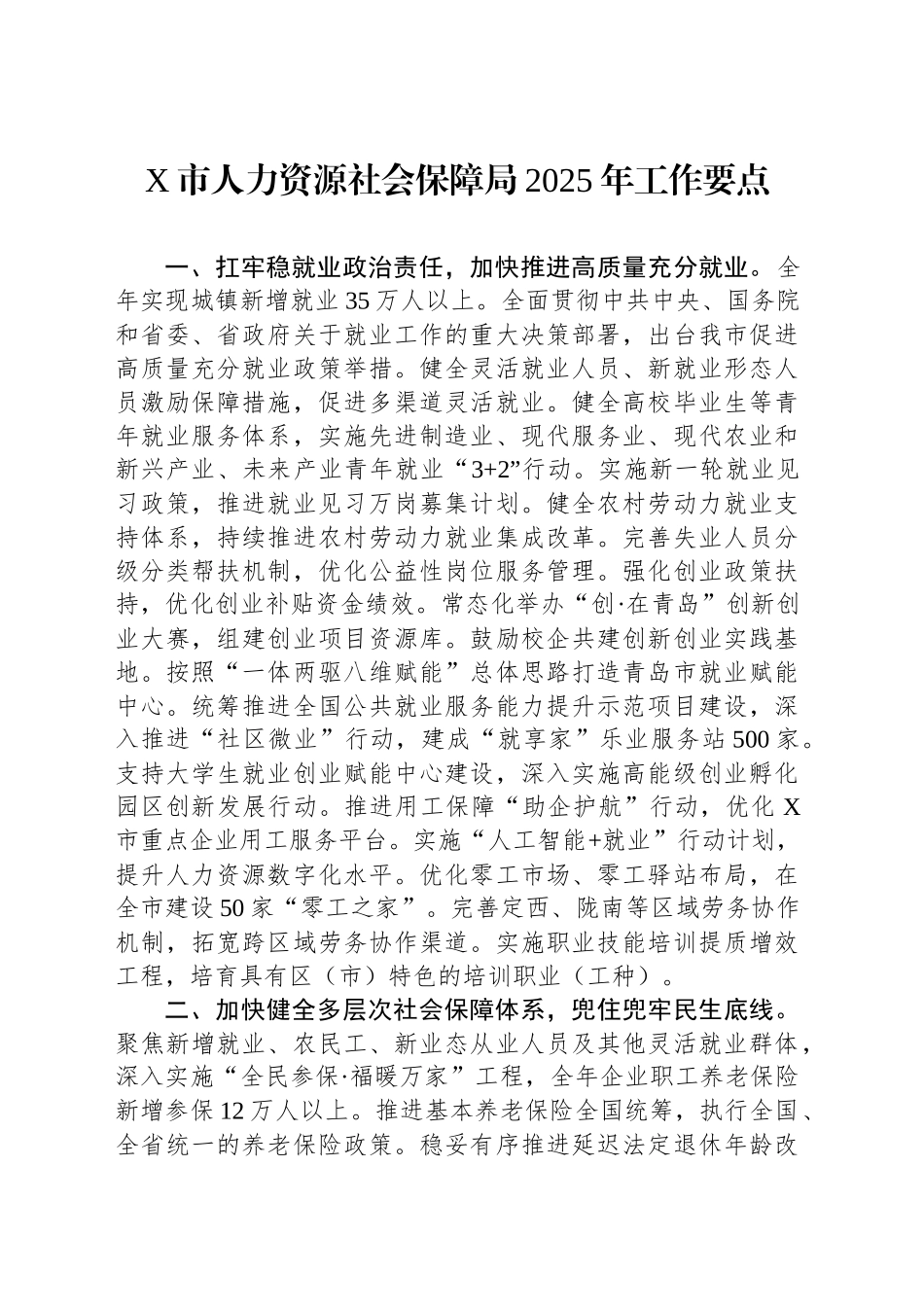 X市人力资源社会保障局2025年工作要点_第1页