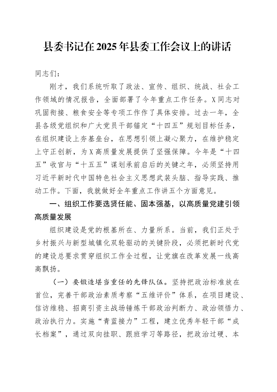 县委书记在2025年县委工作会议上的讲话_第1页