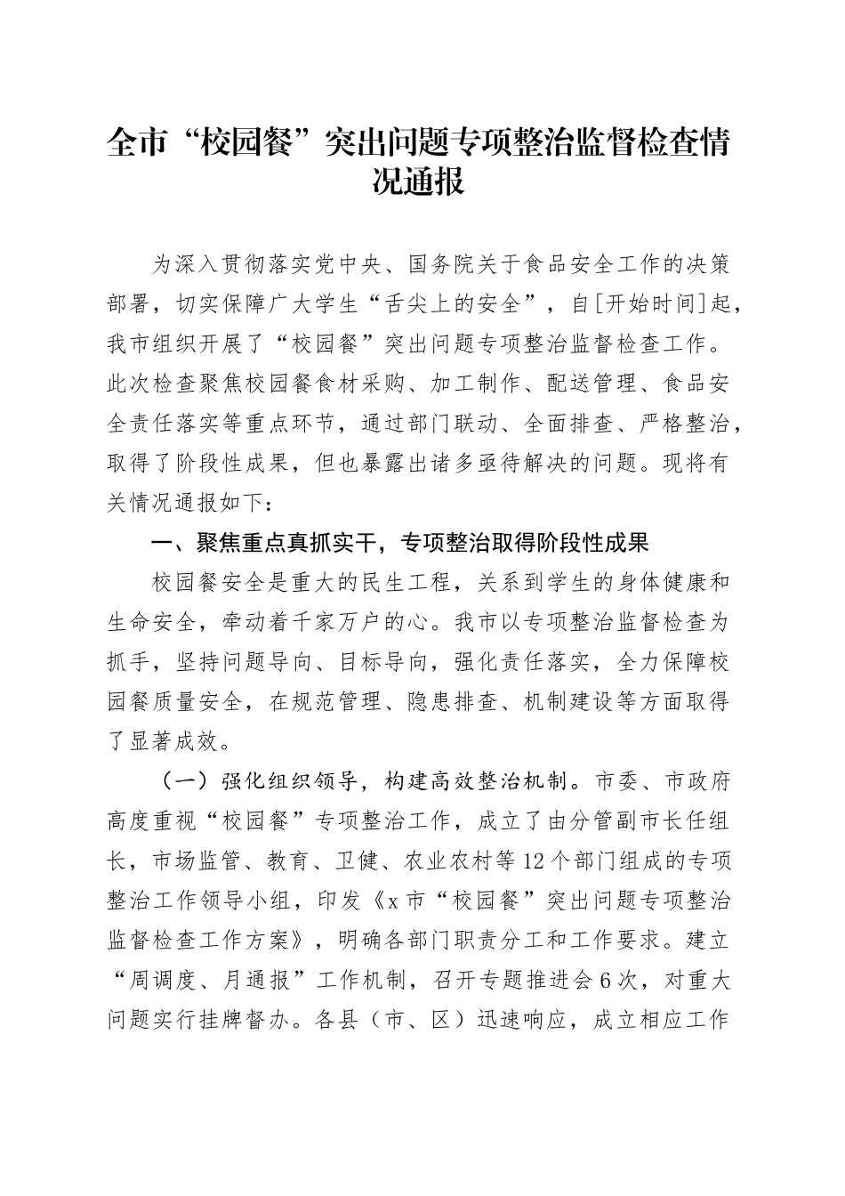 全市“校园餐”突出问题专项整治监督检查情况通报_第1页