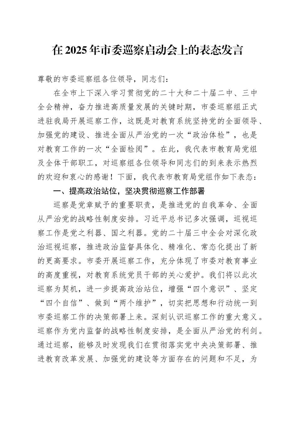 在2025年市委巡察启动会上的表态发言_第1页