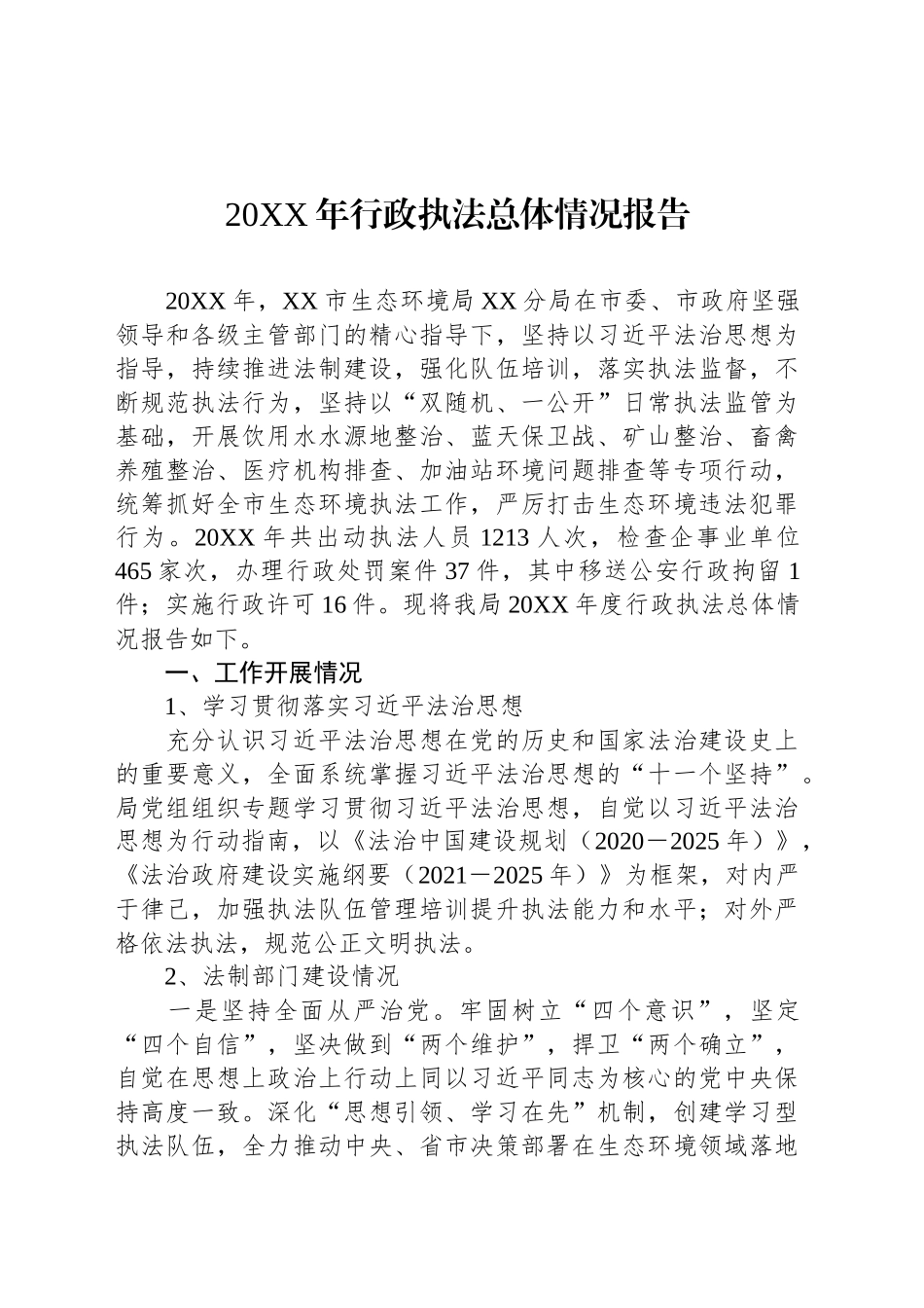 20XX年行政执法总体情况报告_第1页
