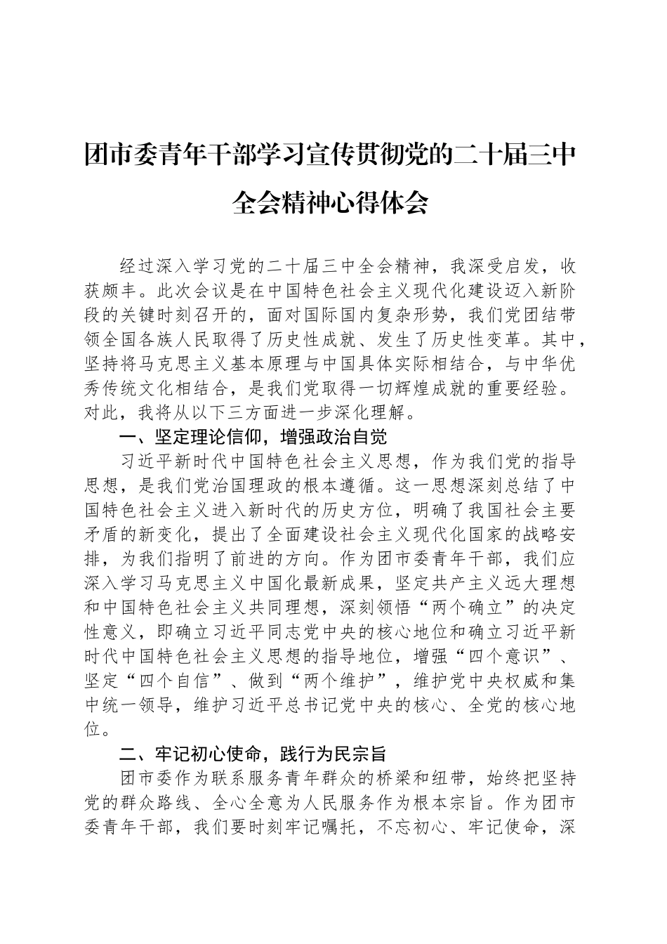 团市委青年干部学习宣传贯彻党的二十届三中全会精神心得体会_第1页