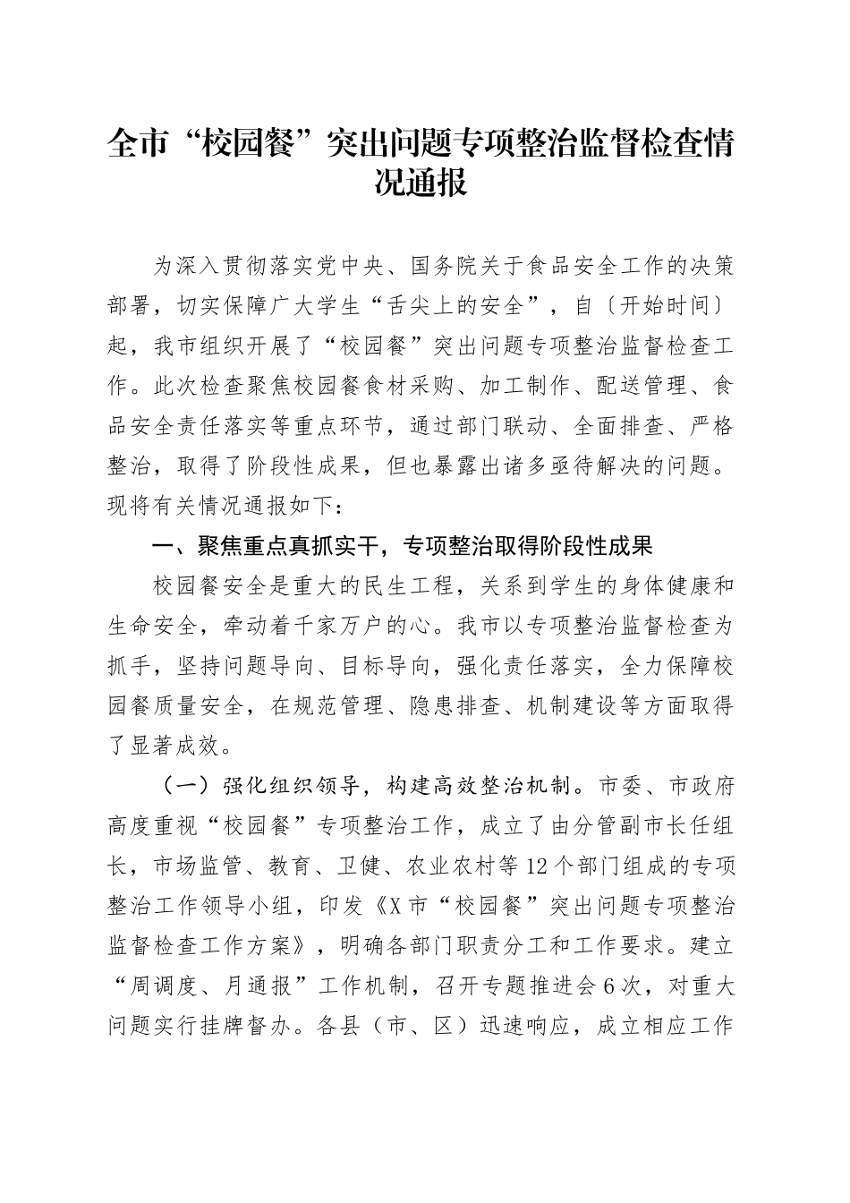 全市校园餐突出问题专项整治监督检查情况通报_第1页