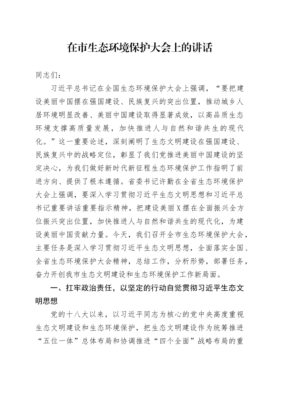 在市生态环境保护大会上的讲话_第1页