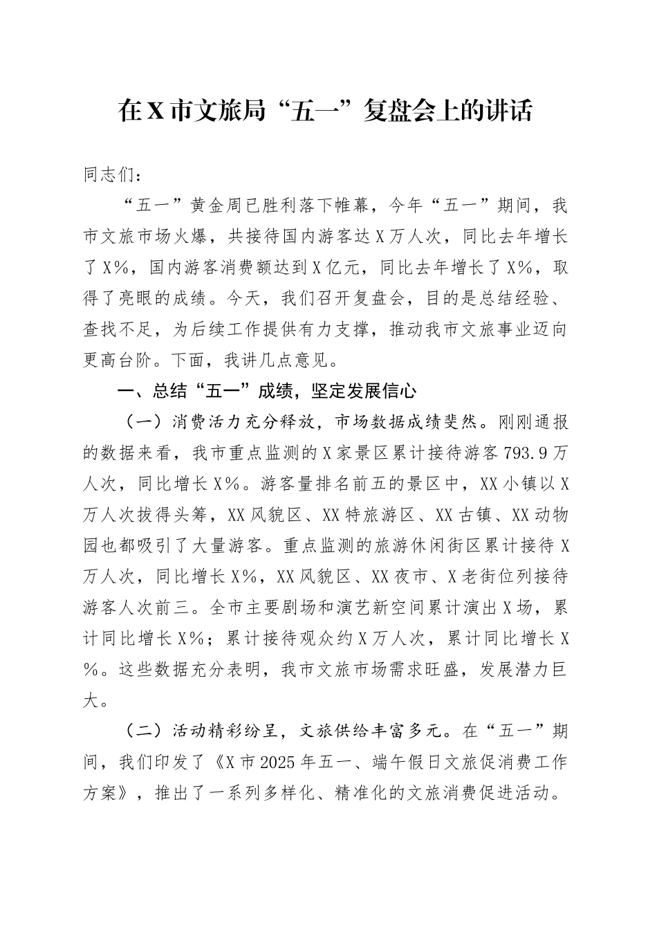 在X市文旅局“五一”复盘会上的讲话_第1页