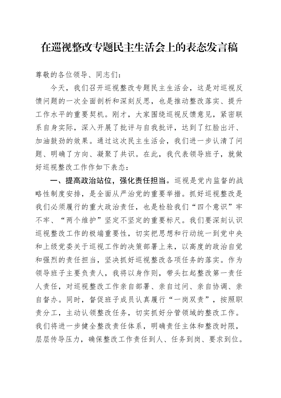 在巡视整改专题民主生活会上的表态发言稿_第1页