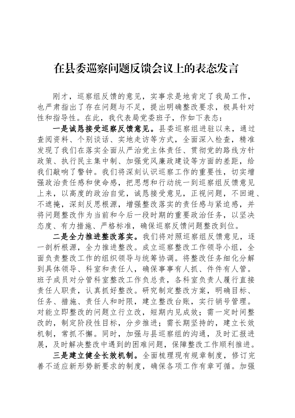 在县委巡察问题反馈会议上的表态发言_第1页