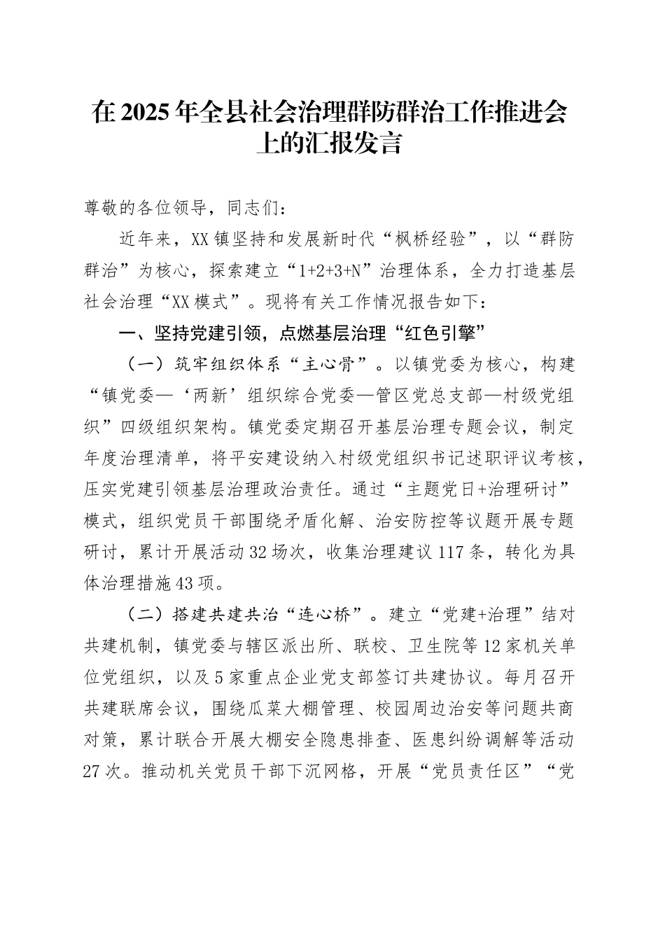 在2025年全县社会治理群防群治工作推进会上的汇报发言_第1页