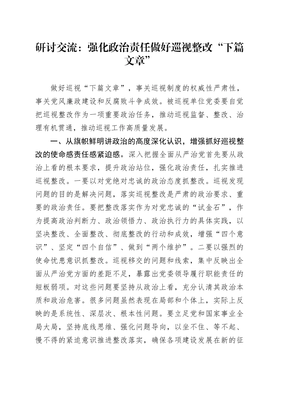 研讨交流：强化政治责任 做好巡视整改“下篇文章”_第1页