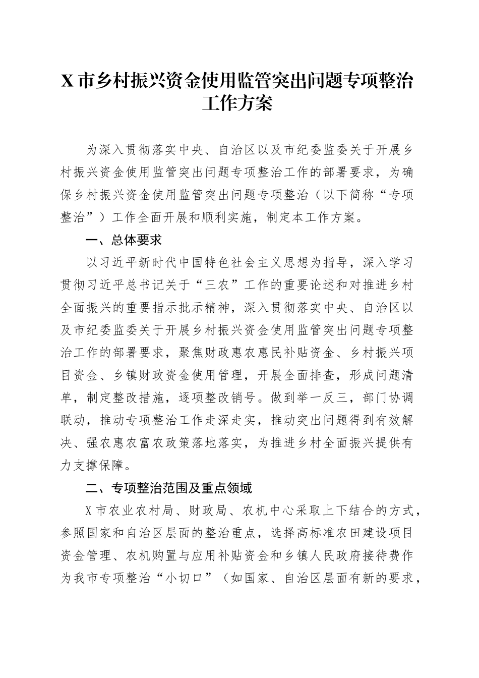 X市乡村振兴资金使用监管突出问题专项整治工作方案_第1页