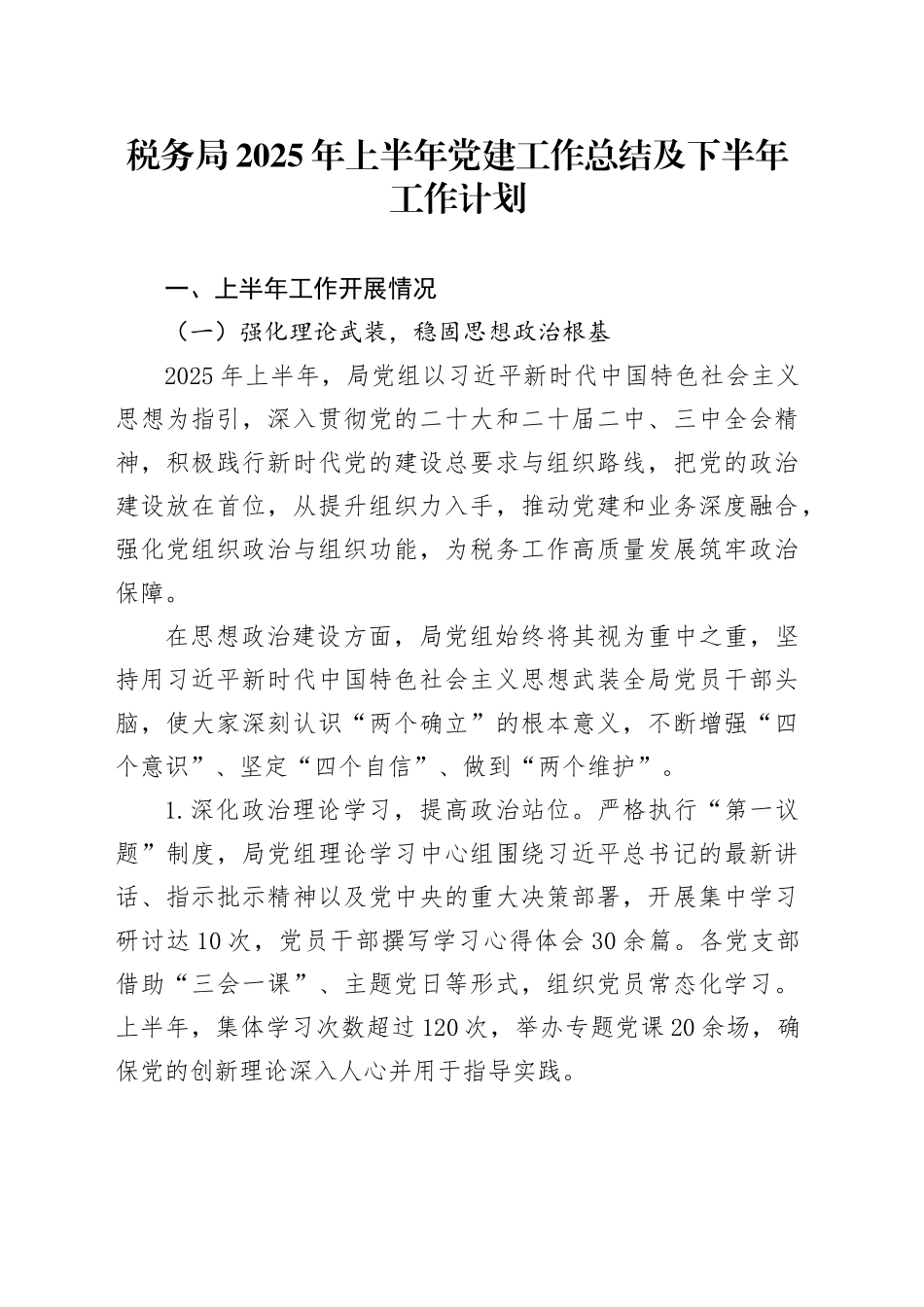税务局2025年上半年党建工作总结及下半年工作计划_第1页