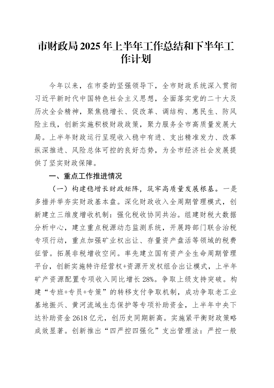 市财政局2025年上半年工作总结和下半年工作计划_第1页
