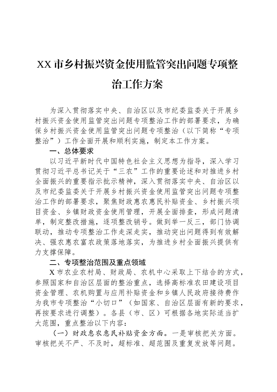 XX市乡村振兴资金使用监管突出问题专项整治工作方案_第1页