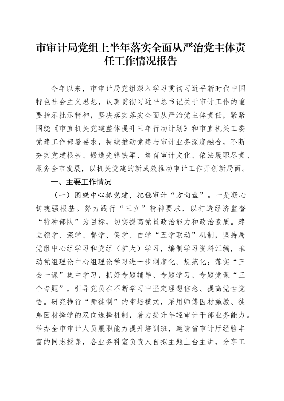 市审计局党组上半年落实全面从严治党主体责任工作情况报告_第1页