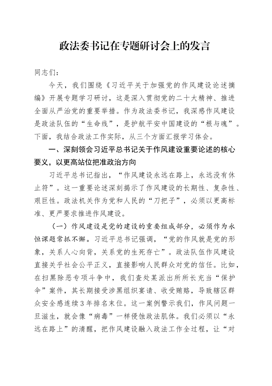 政法委书记在专题研讨会上的发言_第1页