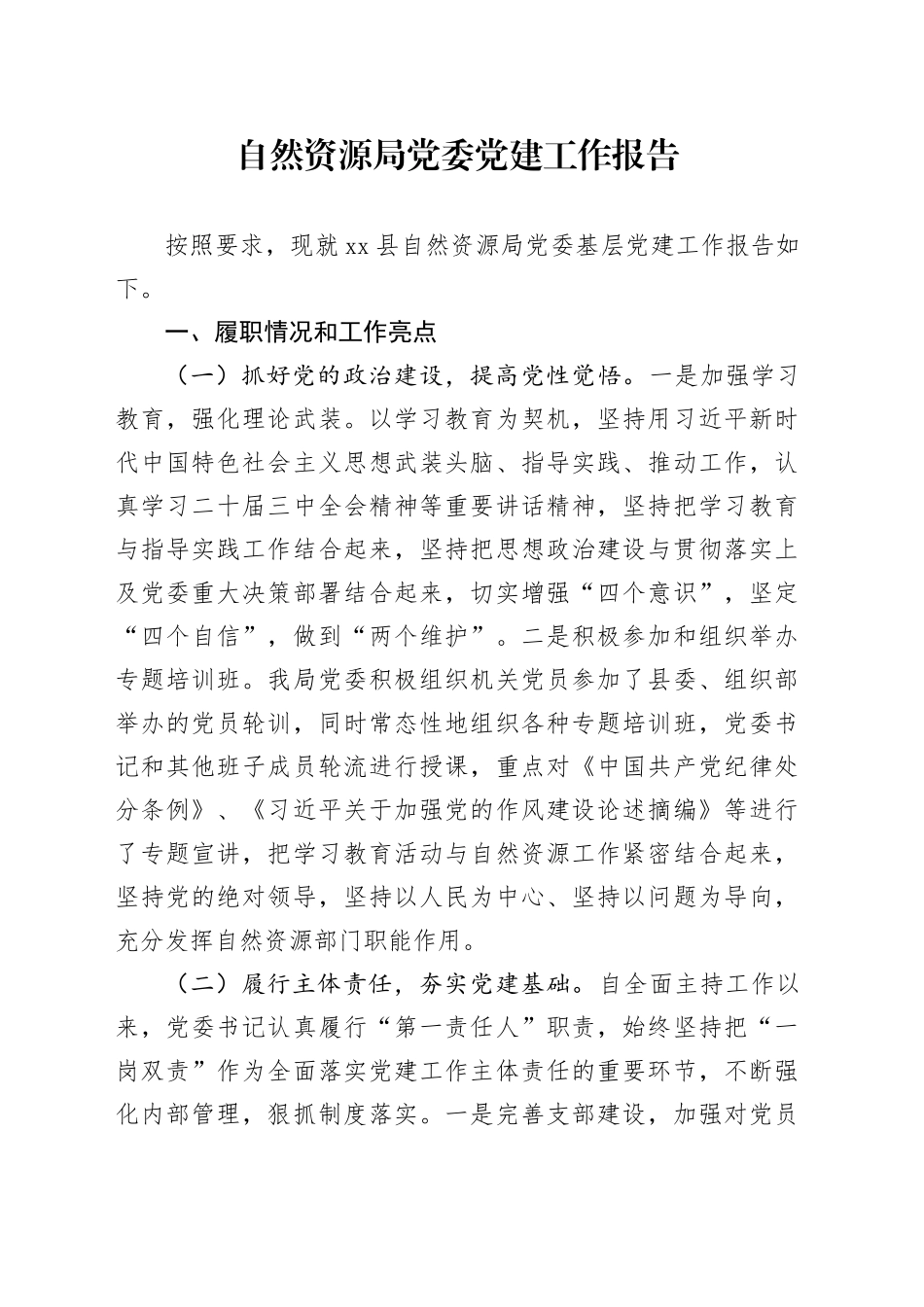 自然资源局党委党建工作报告_第1页