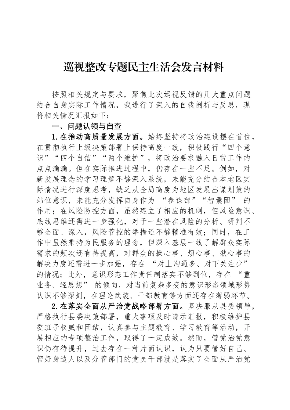 巡视整改专题民主生活会发言材料_第1页