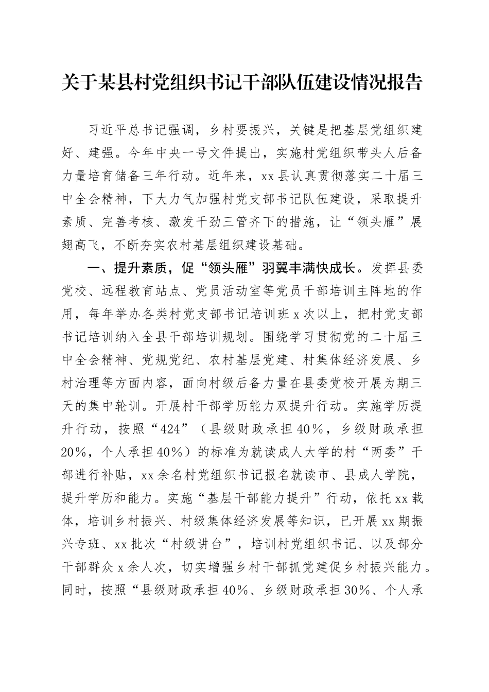 关于某县村党组织书记干部队伍建设情况报告_第1页