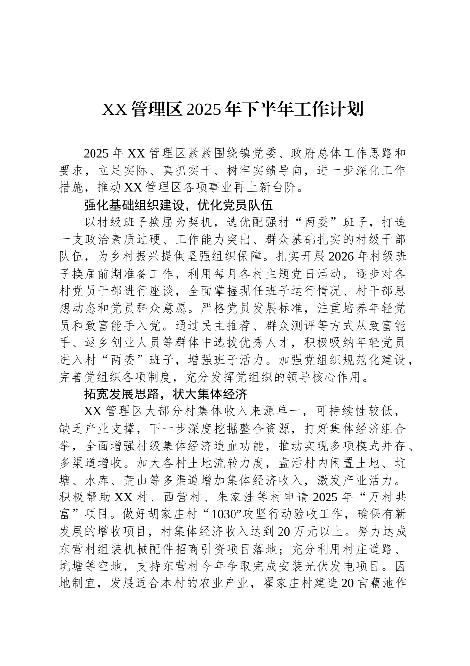 XX管理区2025年下半年工作计划_第1页