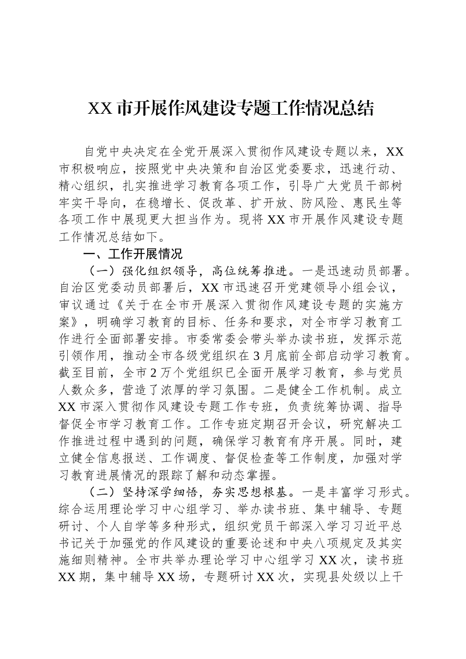 XX市开展作风建设专题工作情况总结_第1页