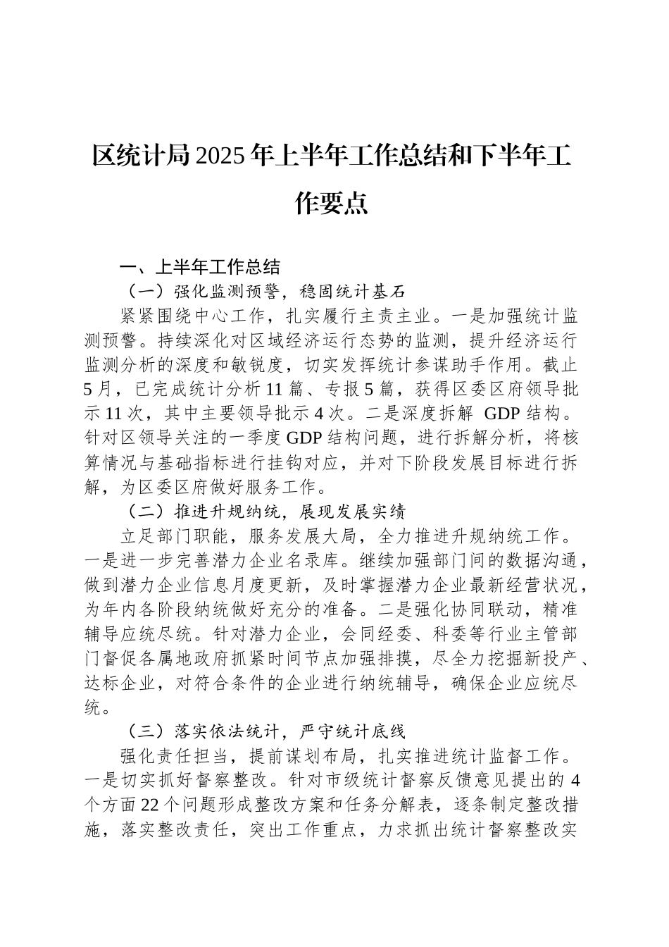 区统计局2025年上半年工作总结和下半年工作要点_第1页