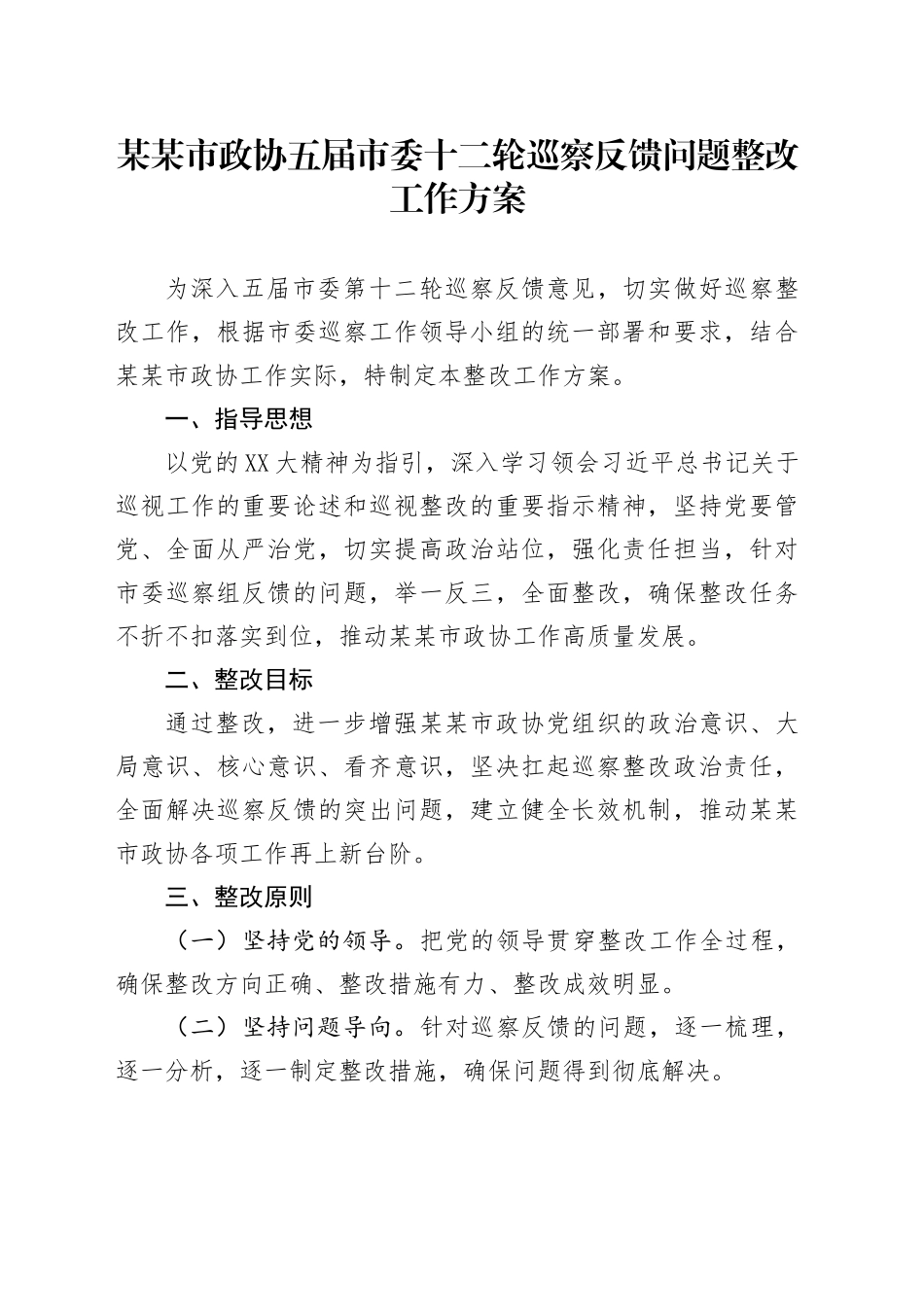 某某市政协五届市委十二轮巡察反馈问题整改工作方案_第1页