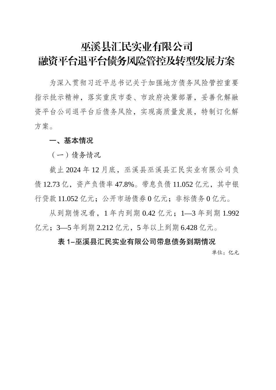 XX县汇民实业有限公司融资平台退平台债务风险管控及转型发展方案_第1页