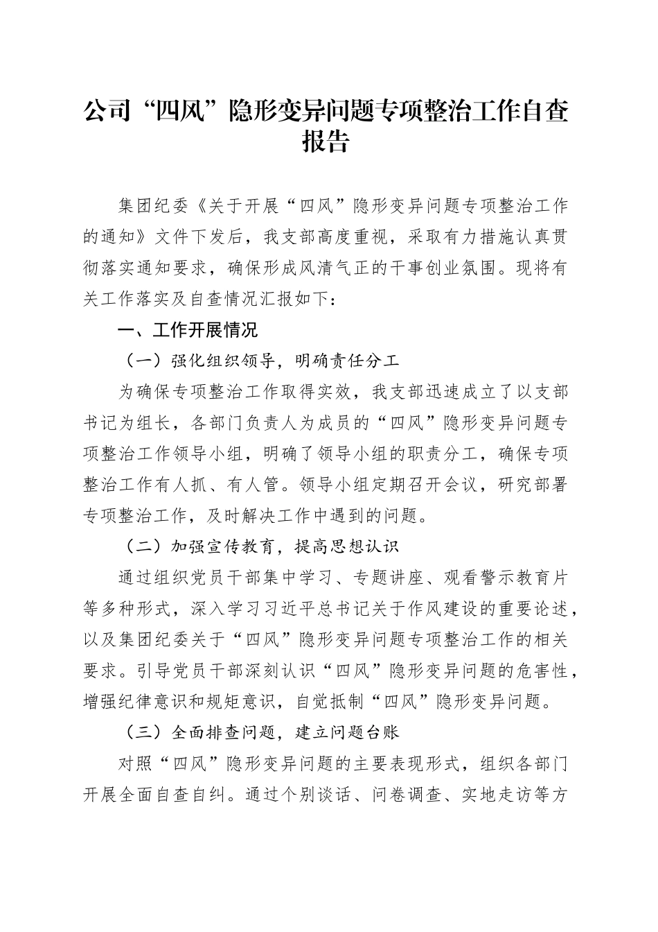 公司“四风”隐形变异问题专项整治工作自查总结报告_第1页