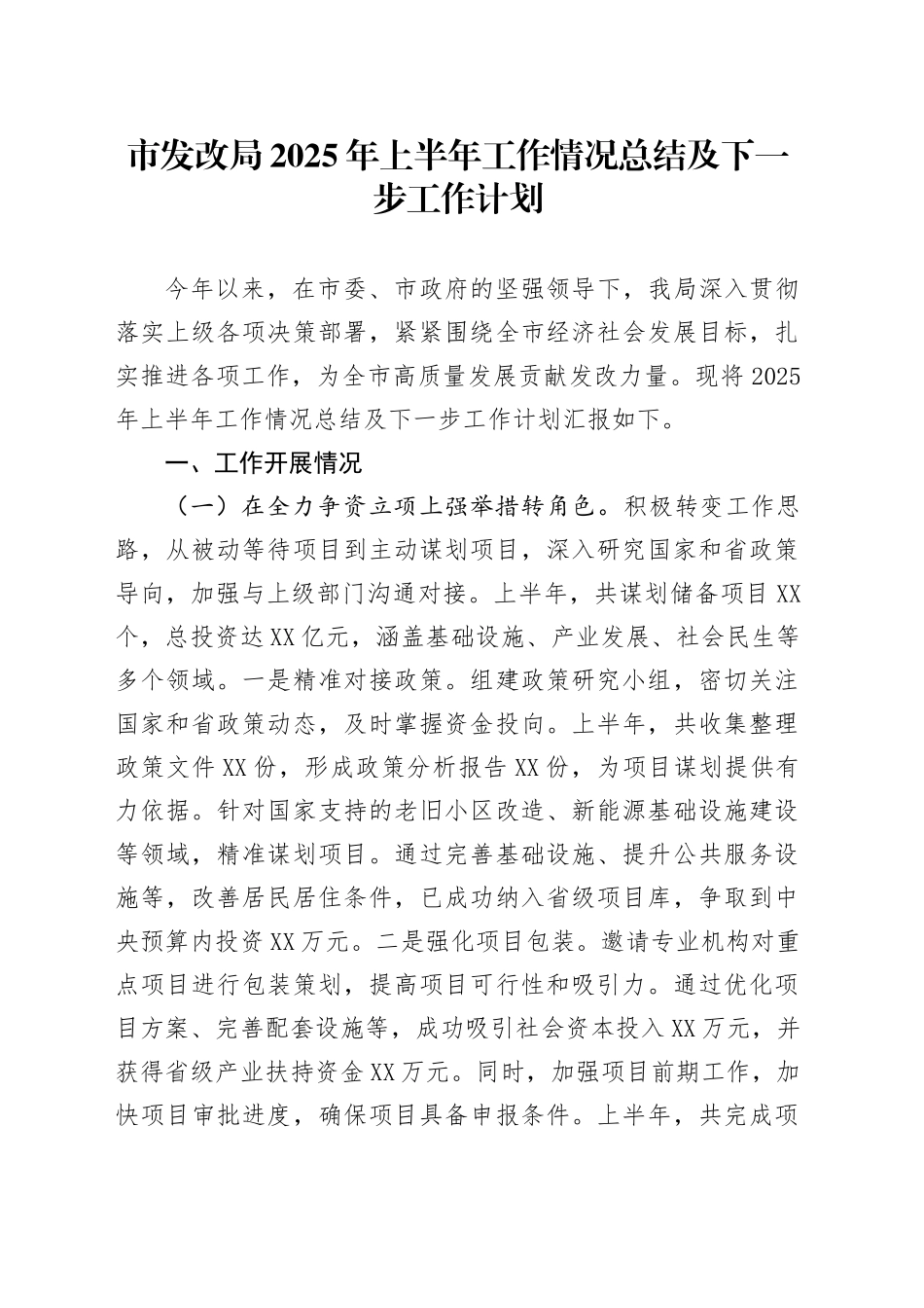 市发改局2025年上半年工作情况总结及下一步工作计划_第1页