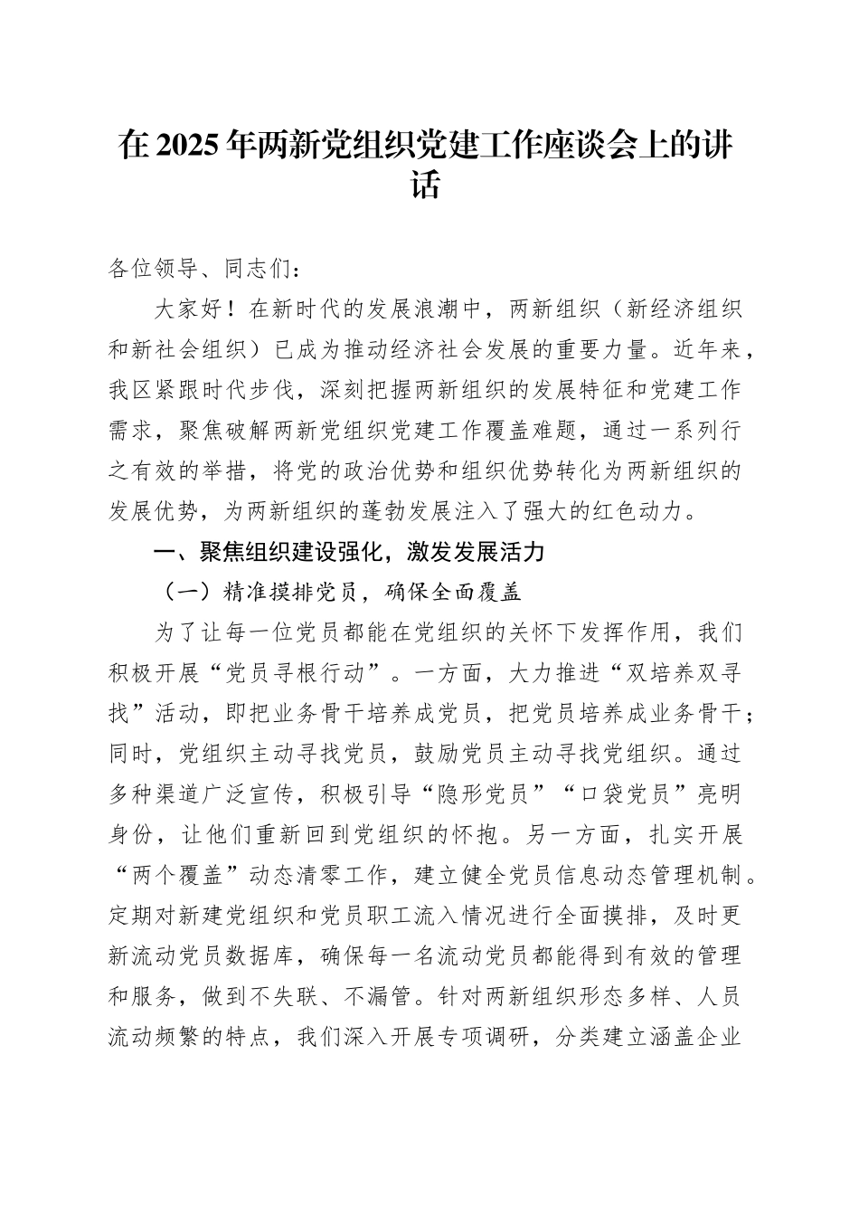 在2025年两新党组织党建工作座谈会上的讲话_第1页