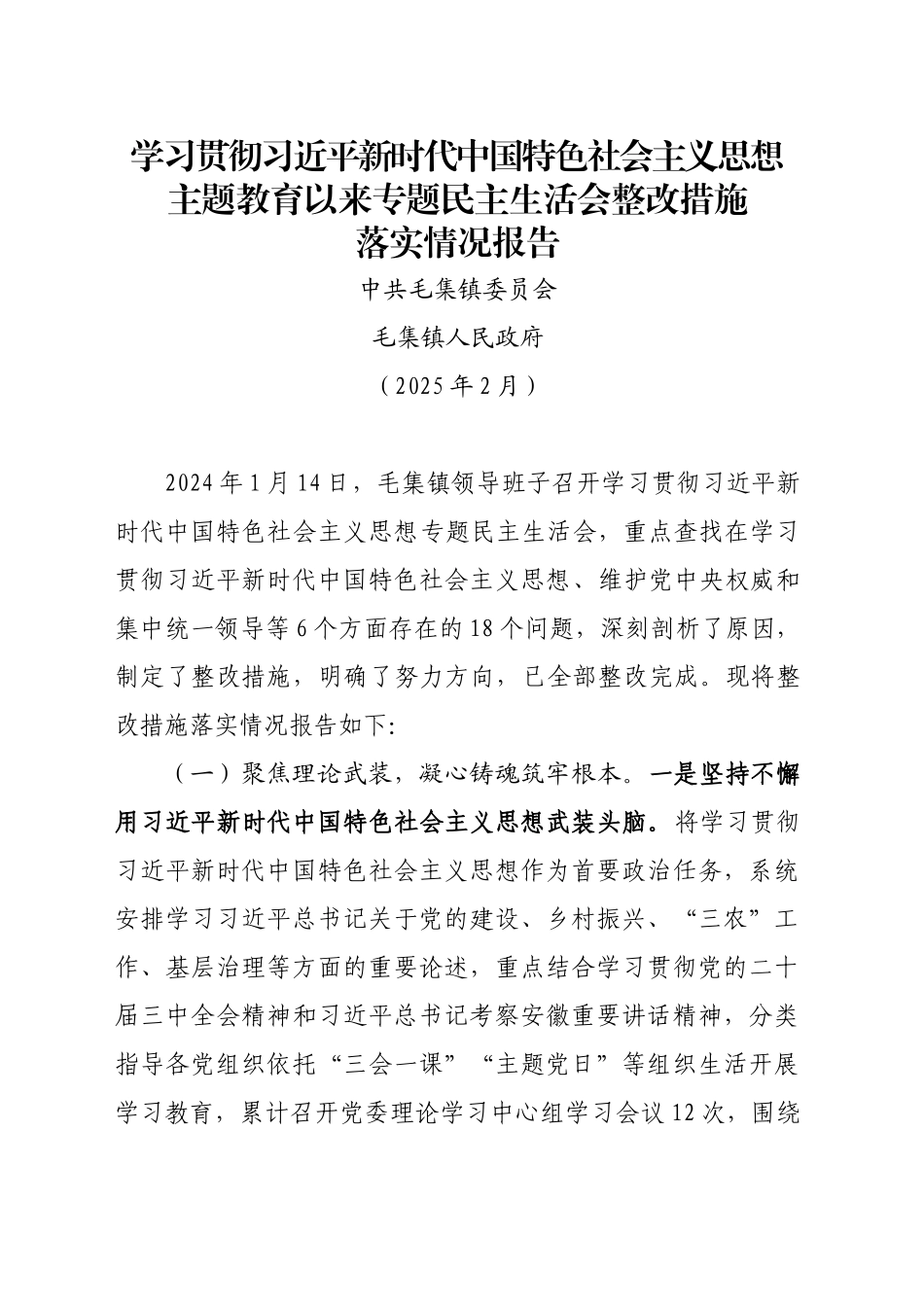 专题民主生活会整改措施落实情况报告（202502）_第1页