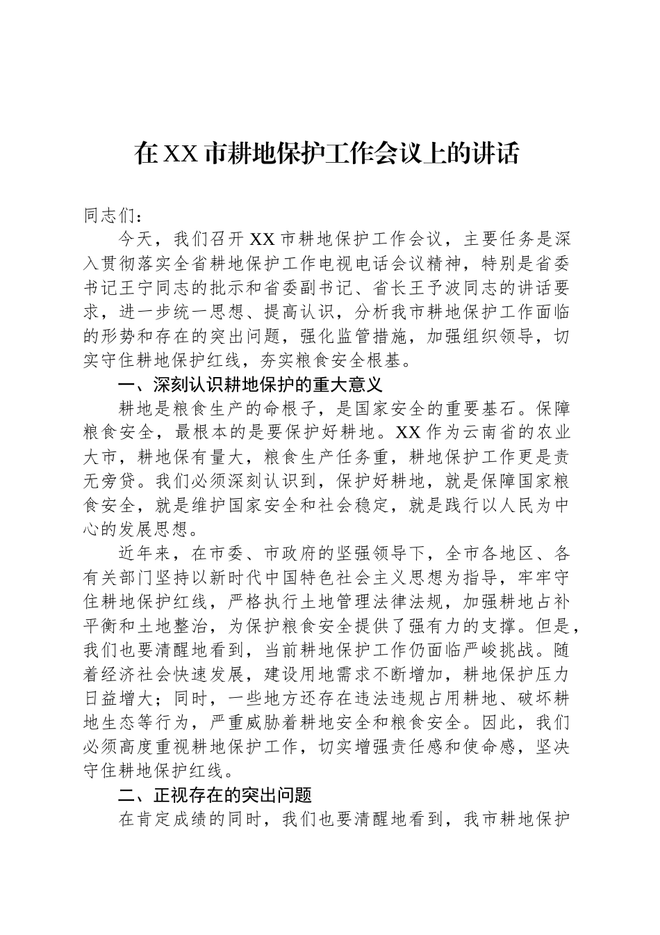 在XX市耕地保护工作会议上的讲话_第1页
