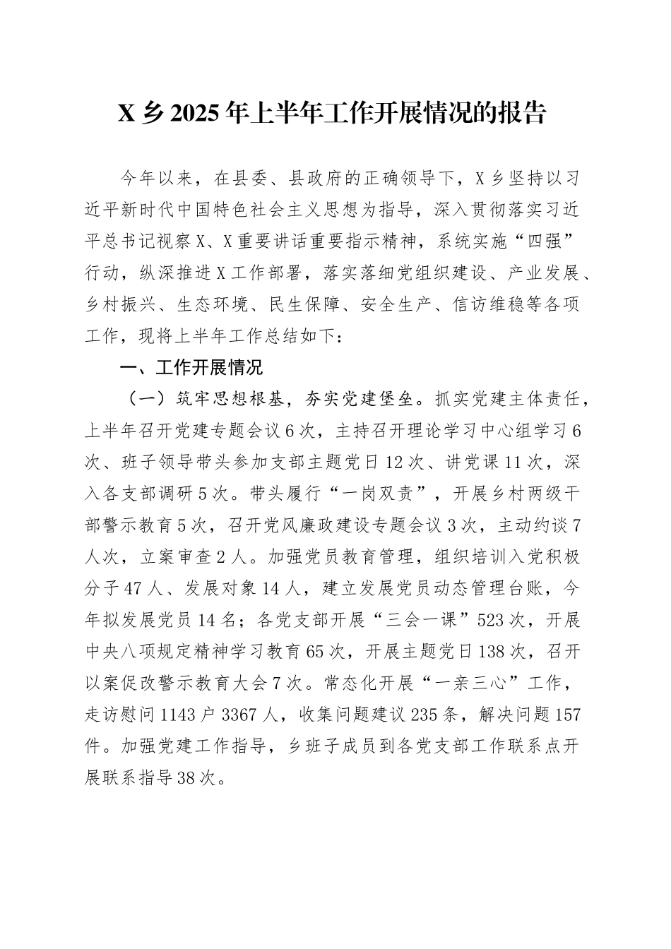 X乡2025年上半年工作开展情况的报告_第1页
