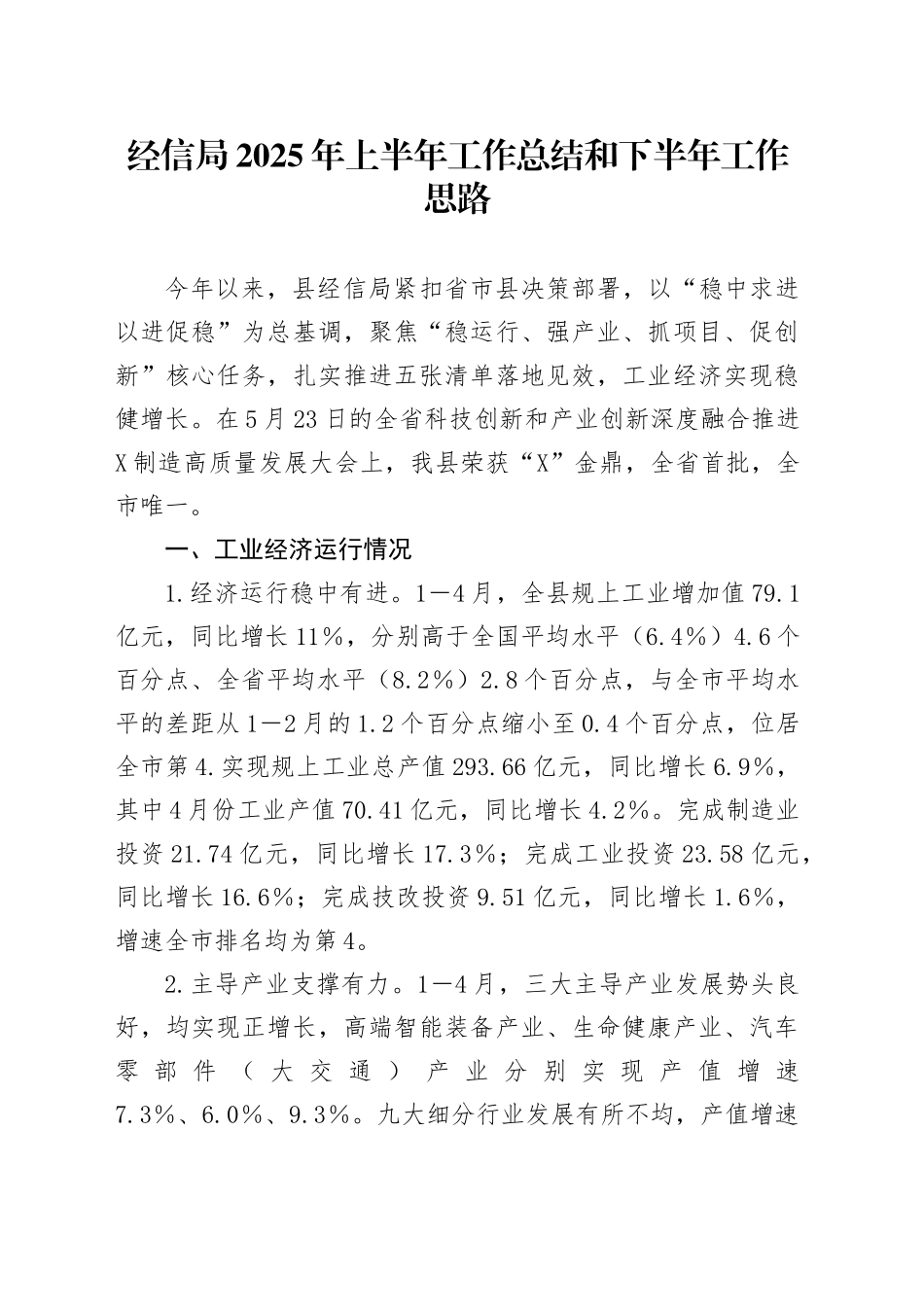 经信局2025年上半年工作总结和下半年工作思路_第1页