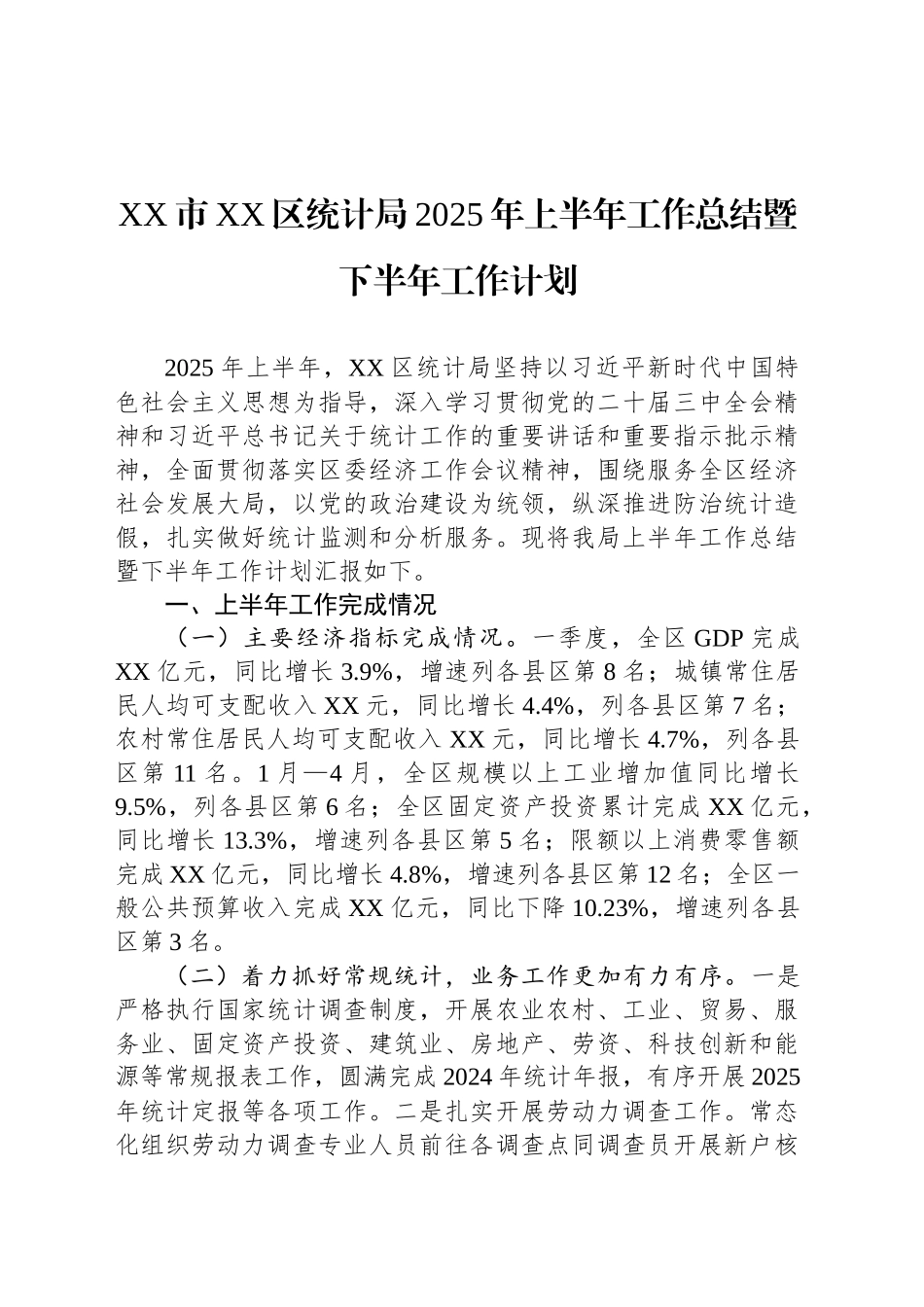 XX市XX区统计局2025年上半年工作总结暨下半年工作计划_第1页