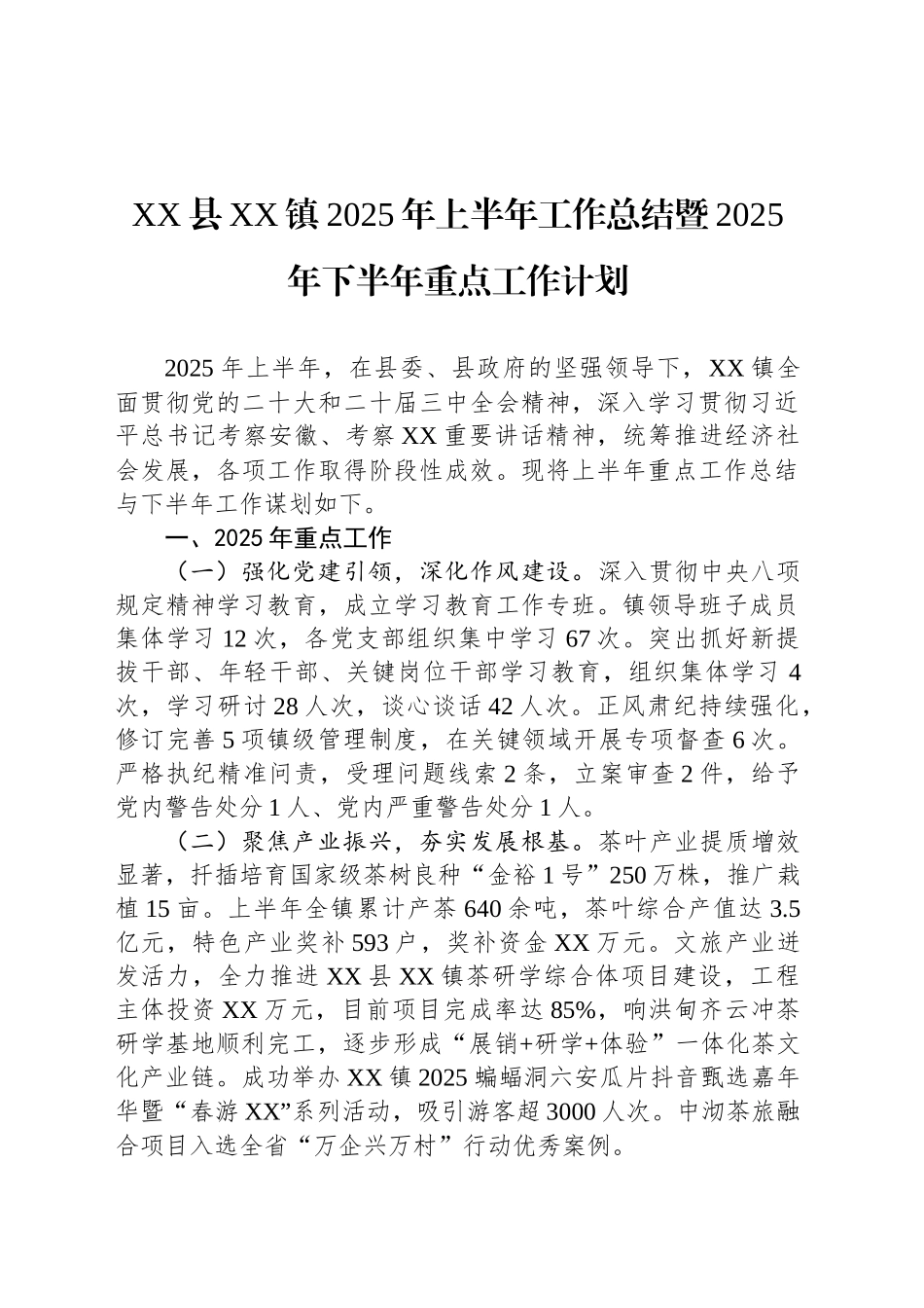 XX县XX镇2025年上半年工作总结暨2025年下半年重点工作计划_第1页