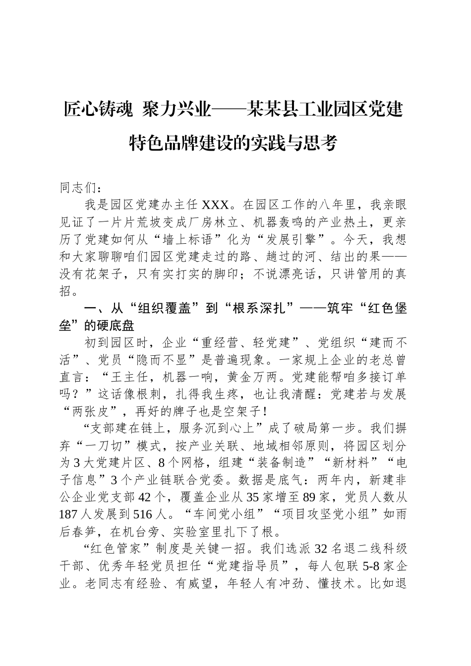 匠心铸魂聚力兴业——某某县工业园区党建特色品牌建设的实践与思考_第1页
