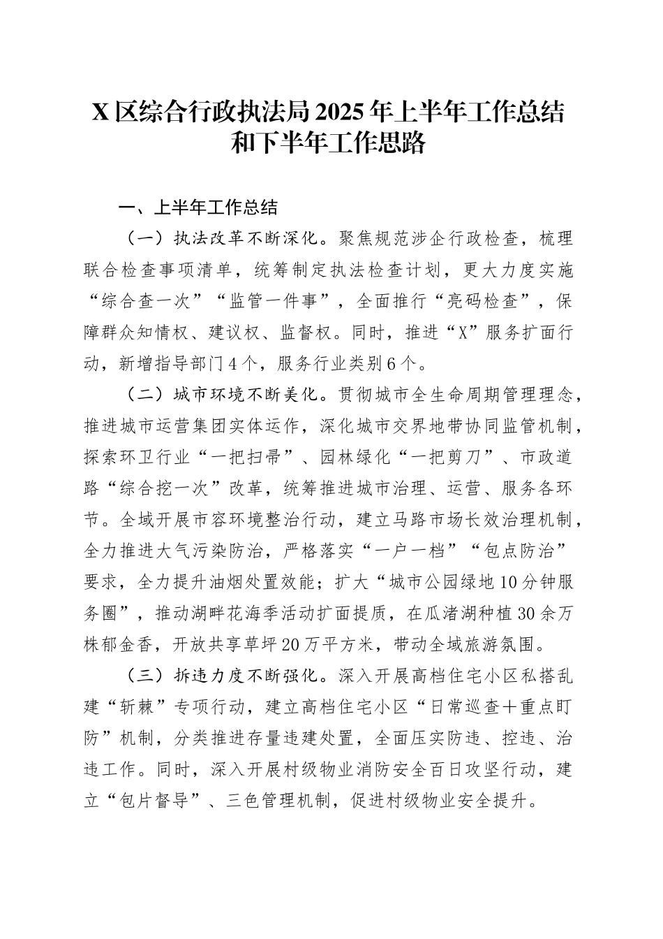 X区综合行政执法局2025年上半年工作总结和下半年工作思路_第1页