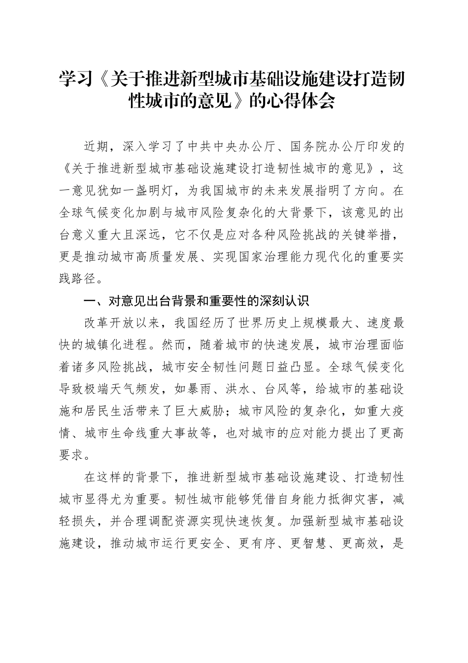 学习《关于推进新型城市基础设施建设打造韧性城市的意见》的心得体会_第1页